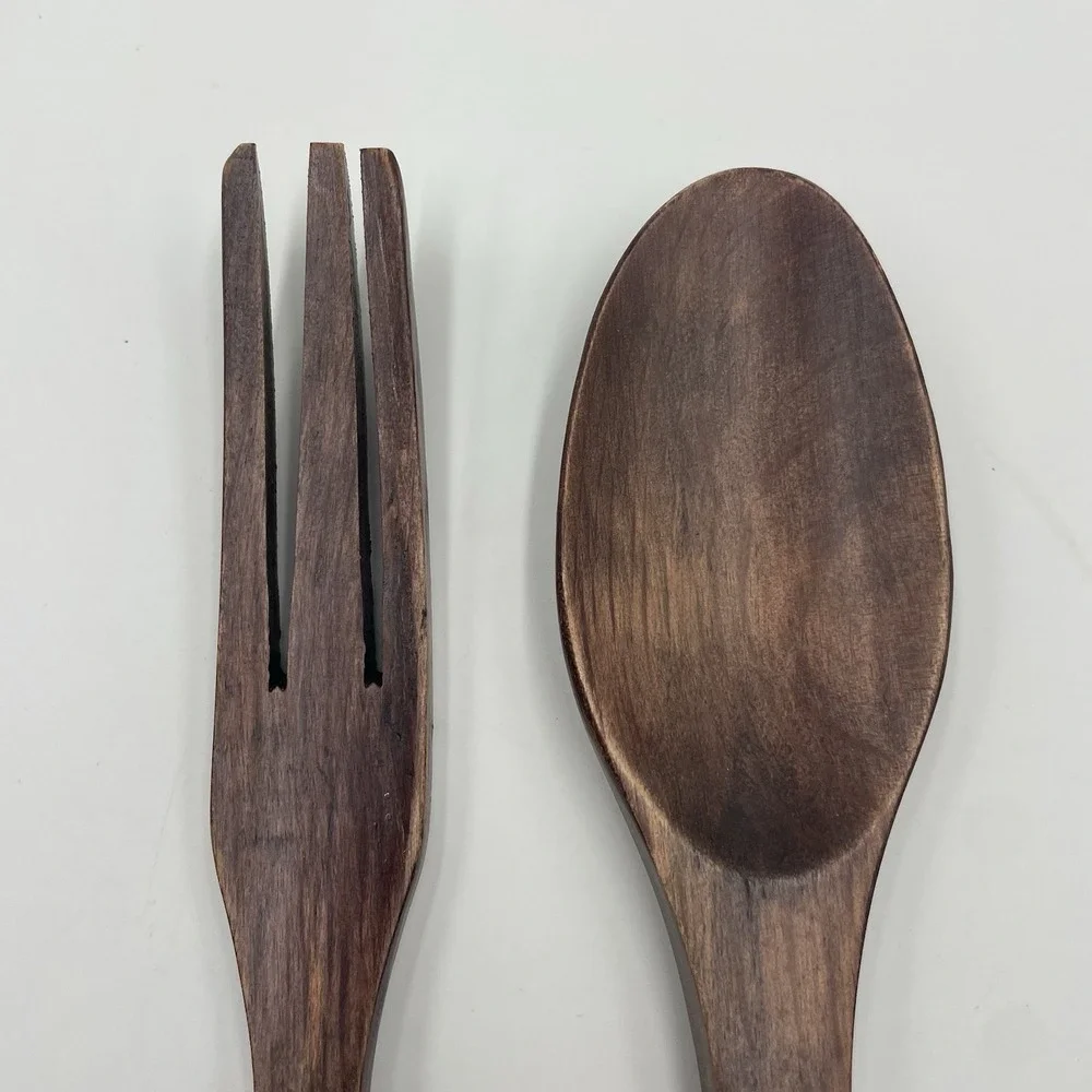 Vintage 10” Wooden Folk Art‎ Hand Carved Fork and Spoon Set Salad Server Cottage